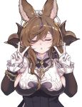  animal_ears asymmetrical_hair breasts brown_hair brown_horns closed_eyes detached_sleeves double_v erune extra_ears frilled_sleeves frills galleon_(granblue_fantasy) gloves granblue_fantasy harvin highres horns ichuka large_breasts multicolored_hair pointy_ears streaked_hair v white_background white_gloves 