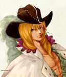  1boy abs artist_name black_hat blonde_hair blue_eyes cavendish closed_mouth commentary_request cowboy_hat flower flower_in_mouth hat hat_feather long_hair male_focus mouth_hold one_piece solo torapunch twitter_username 