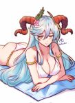  1girl armlet artist_name ass bikini breasts fire_emblem fire_emblem_heroes flower freyja_(fire_emblem) goat_horns hair_flower hair_ornament highres horns large_breasts long_hair looking_at_viewer lying official_art on_stomach red_eyes rotomdocs solo swimsuit towel white_bikini white_hair 