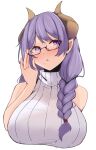  1girl absurdres adjusting_eyewear bespectacled black-framed_eyewear blush braid breasts brown_horns commentary_request demon_girl demon_horns glasses grey_sweater highres horns large_breasts long_hair looking_at_viewer maruneco medium_bangs mole mole_under_mouth nanashi_inc. open_mouth purple_eyes purple_hair saionji_mary side_braid simple_background single_braid sleeveless sleeveless_turtleneck solo sweater turtleneck turtleneck_sweater upper_body virtual_youtuber white_background 