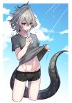  1boy antenna_hair black_male_underwear blue_sky boxers bulge clothes_lift cloud collarbone cropped_legs dragon_tail fate/apocrypha fate_(series) gradient_background green_hair grey_shirt grey_tail groin hair_between_eyes hair_intakes haoro highres hot lifted_by_self light_blush light_particles light_rays long_tail male_focus male_underwear navel orange_eyes outdoors ramune shirt shirt_lift short_hair short_sleeves sieg_(fate) sky solo steam stomach sweat sweatdrop t-shirt tail thighs underwear 