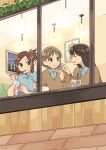  3girls ^_^ absurdres blue_shirt blush brown_cardigan brown_eyes brown_hair cake cardigan closed_eyes closed_mouth collared_shirt commentary_request eating finger_to_cheek food food_on_face from_outside hand_up highres holding holding_spoon indoors kojiro337 laughing light_brown_hair long_hair looking_at_another multiple_girls open_mouth original painting_(object) parfait ponytail school_uniform shirt short_hair sitting smile spoon strawberry_shortcake teeth upper_body window 