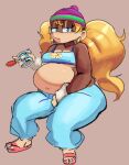 2022 anthro beanie belly big_belly biped blonde_hair blue_eyes breasts brown_body cleavage clothed clothing colored_nails crop_top dessert digital_drawing_(artwork) digital_media_(artwork) donkey_kong_(series) ear_piercing ear_ring eyelashes feet female fluffy fluffy_hair food food_container footwear full-length_portrait hair haplorhine hat headgear headwear hi_res holding_food holding_ice_cream holding_object ice_cream justdavefnd lidded_eyes looking_at_viewer love_handles mammal monkey multicolored_body nails narrowed_eyes navel nintendo nipple_outline overweight overweight_anthro overweight_female piercing pigtails pink_nails pink_toenails portrait pouting primate ring_piercing sandals shirt simple_background sitting small_breasts solo sweatpants tan_background tan_body thick_thighs tiny_kong toenails toes topwear two_tone_body under_boob wristband