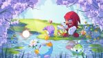 1boy caustics chao_(sonic) day flower flower_wreath furry furry_male galaxylover06 gloves grass highres holding holding_flower holding_wreath knuckles_the_echidna lily_pad orange_flower outdoors pink_flower pond red_fur shoes sonic_(series) water white_flower white_gloves wisteria 
