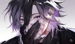  1boy aegyo_sal black_gloves black_hair black_jacket black_shirt burn_scar collared_shirt commentary_request covered_mouth earrings glint gloves gradient_hair hair_between_eyes hand_on_own_face jacket jewelry jikkyuu_mitsutada kanata_8828 looking_at_viewer male_focus medium_hair multicolored_hair open_clothes open_jacket purple_eyes scar scar_on_cheek scar_on_face scar_on_neck shirt simple_background solo touken_ranbu upper_body white_background white_hair wing_collar 