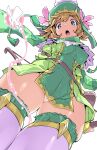  1girl beanie belt_pouch blonde_hair bow_(weapon) breasts chris_(mario) dragalia_lost dress flower green_dress green_eyes hat highres looking_at_viewer looking_down medium_breasts open_mouth panties philia_(dragalia_lost) pouch scarf short_dress short_hair solo thighhighs thighs underwear weapon white_background 