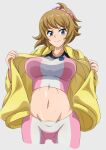  1girl bike_shorts blue_eyes blush breasts brown_hair clothes_lift gundam gundam_build_fighters gundam_build_fighters_try highres hoshino_fumina jacket large_breasts looking_at_viewer open_clothes ponytail safety_kaijo smile solo sports_bra sports_bra_lift two-tone_sports_bra 