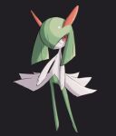  black_background colored_skin green_hair hair_over_one_eye horns kirlia looking_at_viewer multicolored_skin nullma pink_eyes pokemon pokemon_(creature) serious sidelocks simple_background two-tone_skin white_skin 