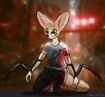 1:1 2023 absurd_res anthro blade blood blood_on_clothing blood_on_face blurred_background bodily_fluids bottomwear canid canine cargo_pants cargo_shorts cayugo clothed clothing digital_media_(artwork) fennec_fox fingers fox fur grey_clothing hi_res kneeling male mammal pants red_eyes shirt shorts solo t-shirt tail tan_body tan_fur topwear true_fox weapon whiskers