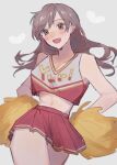  1girl azuma_(magi-inazuma) bare_arms blush brown_hair cheerleader cowboy_shot crop_top floating_hair grey_background hands_on_own_hips heart long_hair looking_at_viewer open_mouth original pleated_skirt pom_pom_(cheerleading) red_skirt red_tank_top simple_background skirt smile solo tank_top yellow_eyes 