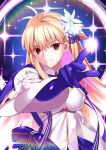  1girl antenna_hair archetype_earth arcueid_brunestud blonde_hair blue_gloves breasts closed_mouth commentary_request dress fate/grand_order fate_(series) flower gloves hair_between_eyes hair_flower hair_ornament highres long_hair looking_at_viewer magic masaruokayama medium_breasts official_alternate_costume official_alternate_hairstyle reaching reaching_towards_viewer red_eyes single_hair_intake smile solo tsukihime tsukihime_(remake) very_long_hair white_dress white_flower wide_sleeves 