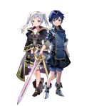  1boy 1girl aged_down black_coat black_gloves blue_eyes blue_hair braid chrom_(child)_(fire_emblem) chrom_(fire_emblem) coat fingerless_gloves fire_emblem fire_emblem_awakening fire_emblem_heroes frown gloves grey_eyes highres holding holding_sword holding_weapon looking_at_viewer non-web_source robin_(female)_(child)_(fire_emblem) robin_(female)_(fire_emblem) robin_(fire_emblem) smile sword tachi-e twintails v-shaped_eyebrows weapon white_hair 