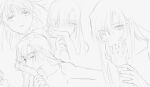  2girls blush commentary english_commentary food_in_mouth greyscale hand_on_another&#039;s_wrist highres kaleido_star kiss kissing_hand layla_hamilton long_hair looking_at_viewer monochrome multiple_girls naegino_sora nude parted_lips rekari_(rekari628) yuri 