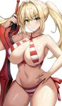  1girl absurdres aestus_estus bikini blonde_hair breasts criss-cross_halter fate/grand_order fate_(series) green_eyes hair_intakes halterneck hand_on_own_hip highres holding holding_sword holding_weapon jasony large_breasts long_hair looking_at_viewer navel nero_claudius_(fate) nero_claudius_(swimsuit_caster)_(fate) side-tie_bikini_bottom smile solo striped_bikini striped_clothes swimsuit sword twintails weapon white_background 