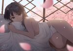  1girl bare_arms bed_sheet black_hair blurry cherry_blossoms commentary_request dated depth_of_field highres long_hair looking_at_viewer lying on_bed on_side panties purple_eyes raiz_art_works sakurajima_mai seishun_buta_yarou sidelocks signature smile solo underwear white_panties 