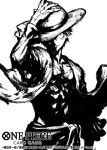  1boy closed_mouth commentary_request copyright_name cowboy_shot floating_clothes greyscale hat hat_over_one_eye looking_at_viewer makitoshi0316 male_focus monkey_d._luffy monochrome official_art one_piece one_piece_card_game sash scar scar_on_chest scar_on_face simple_background solo straw_hat 