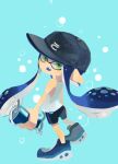 1girl baseball_cap bike_shorts black_hat black_shorts blue_footwear blue_hair d: dark_blue_hair fang fizzy_bomb_(splatoon) green_eyes hat highres inkling inkling_girl inkling_player_character koike3582 light_blue_background long_hair open_mouth pointy_ears shirt shoes shorts single_vertical_stripe sleeveless sleeveless_shirt solo splatoon_(series) standing suction_cups tentacle_hair white_shirt 