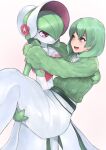  1girl bob_cut carrying colored_skin dress flower gardevoir gardevoir_(fashionable) green_hair green_sweater hair_over_one_eye hat hat_flower highres ichiba_youichi multicolored_skin open_mouth pink_eyes pokemon pokemon_(creature) pokemon_unite princess_carry simple_background smile sweater two-tone_skin white_dress white_hat white_skin 