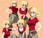  1girl blonde_hair blush breasts cagalli_yula_athha cargo_pants cleavage collarbone dog_tags gloves gundam gundam_seed gundam_seed_destiny gundam_seed_freedom highres jewelry large_breasts looking_at_viewer necklace pants red_shirt saeka shirt short_hair smile solo yellow_eyes 