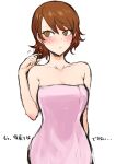  1girl averting_eyes bare_arms bare_shoulders blush breasts brown_eyes brown_hair cleavage closed_mouth collarbone commentary_request earrings highres ichigai_(hayawossan) jewelry medium_breasts naked_towel persona persona_3 persona_3_reload pink_towel playing_with_own_hair short_hair simple_background sketch solo stud_earrings sweatdrop takeba_yukari towel translation_request upper_body white_background 