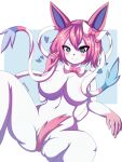  2024 3:4 absurd_res anthro aquakey areola big_breasts blush bodily_fluids breasts canid canine convenient_censorship digital_media_(artwork) eeveelution felid feline female female_anthro fur generation_1_pokemon generation_4_pokemon generation_6_pokemon hair hi_res mammal navel nintendo nude pink_areola pink_hair pokemon pokemon_(species) simple_background solo spread_legs spreading sylveon tail tail_censorship white_body white_fur 