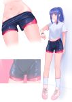  1girl absurdres bike_shorts black_shorts blue_eyes blue_hair breasts closed_mouth clothes_pull full_body groin gym_uniform highres long_hair looking_at_viewer magia_record:_mahou_shoujo_madoka_magica_gaiden mahou_shoujo_madoka_magica midriff multiple_views navel pink_footwear ponytail radio.broom shirt shoes short_shorts short_sleeves shorts shorts_pull sidelocks sneakers socks standing stomach sweat thighs watch white_background white_shirt wristwatch 