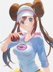  1girl blush breasts brown_hair closed_mouth commentary_request double_bun hair_bun hand_up highres holding holding_poke_ball long_hair nail_polish pink_nails poke_ball poke_ball_(basic) pokemon pokemon_bw2 raglan_sleeves rosa_(pokemon) shirt shorts smile solo twintails upper_body visor_cap yellow_shorts yosame0a 
