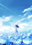  1girl absurdres amenomori_howa backlighting black_hair blue_theme bow bug butterfly cloud contrail dress dutch_angle field flower flower_field hat hat_bow highres horizon light_particles looking_afar nemophila_(flower) original outdoors scenery sky solo sun_hat white_dress wind 