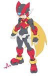  1boy adapted_costume armor black_eyes blonde_hair boots forehead_jewel full_body highres long_hair male_focus mega_man_(series) mega_man_zero_(series) red_armor red_footwear red_helmet redauto sketch solo zero(z)_(mega_man) zero_(mega_man) 