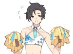  1boy black_hair blue_archive blue_archive_the_animation brown_eyes cheerleader collar cosplay crossdressing detached_collar grin hibiki_(blue_archive) hibiki_(blue_archive)_(cosplay) hibiki_(cheer_squad)_(blue_archive) highres holding holding_pom_poms looking_at_viewer lyrinne male_focus medium_bangs pom_pom_(cheerleading) sensei_(blue_archive) sensei_(blue_archive_the_animation) short_hair simple_background smile solo strapless tube_top upper_body white_background white_collar white_tube_top 