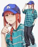  1girl absurdres alternate_costume black_footwear black_pants blue_hat braid braided_ponytail chainsaw_man full_body green_shirt hand_in_pocket hat highres long_hair looking_at_viewer los_angeles_dodgers makima_(chainsaw_man) multiple_views pants pointing pointing_at_viewer red_hair ringed_eyes shiren_(ourboy83) shirt sidelocks simple_background sleeves_pushed_up striped_clothes striped_shirt upper_body 