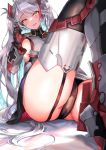  1girl antenna_hair azur_lane bangs black_gloves black_legwear black_panties blush breasts denchu_(kazudentyu) eyebrows_visible_through_hair garter_straps gloves glowing glowing_eyes hair_between_eyes head_tilt highres iron_cross large_breasts long_hair long_sleeves looking_at_viewer mole mole_on_breast multicolored_hair open_mouth orange_eyes panties prinz_eugen_(azur_lane) red_hair rudder_footwear sideboob silver_hair simple_background sitting smile solo streaked_hair swept_bangs thighhighs thighs two_side_up underwear very_long_hair white_background 