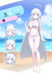  1girl bikini blue_archive blue_sky blurry blurry_background breasts collarbone commentary_request commission full_body grey_hair halo headgear highres ikanyoikanikan large_breasts long_hair micro_bikini navel noa_(blue_archive) purple_eyes sand shore sidelocks skeb_commission sky solo swimsuit translation_request very_long_hair 