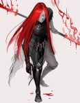  1other absurdres armor armored_boots black_armor blood boots character_request elden_ring fire flaming_weapon hanny_(uirusu_chan) highres jewelry long_hair looking_at_viewer red_eyes red_hair simple_background 
