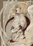  1girl :o absurdres bird_wings blonde_hair blood blood_from_mouth blood_on_face blood_on_hands border breasts brown_background brown_border chimera cowboy_shot dragon_tail dungeon_meshi falin_touden falin_touden_(chimera) feathered_wings floating_crown from_side hand_on_own_arm highres hiranko looking_at_viewer monster_girl open_mouth outside_border short_hair signature simple_background sketch solo tail taur wings yellow_eyes 