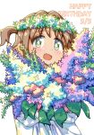  1girl :d bouquet brown_hair commentary dated diamond-shaped_pupils diamond_(shape) english_text fang flower_wreath green_eyes happy_birthday highres holding holding_bouquet looking_at_viewer nuurise2023 oka_asahi onii-chan_wa_oshimai! open_mouth simple_background smile solo symbol-shaped_pupils white_background 
