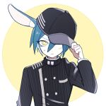  1202_koge 1boy animal_ear_fluff animal_ears baseball_cap black_hat black_jacket black_sleeves blue_hair border buttons closed_mouth collared_jacket commentary_request danganronpa_(series) danganronpa_v3:_killing_harmony double-breasted ear_covers eyelashes frown hair_between_eyes hand_on_headwear hat high_collar jacket layered_sleeves light_blush long_sleeves male_focus one_eye_covered outside_border pocket rabbit_ears round_border saihara_shuichi short_hair simple_background solo straight-on sweatdrop upper_body v-shaped_eyebrows vertical-striped_sleeves white_border yellow_background yellow_eyes 