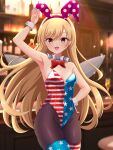  1girl absurdres adapted_costume american_flag american_flag_legwear american_flag_print animal_ears bar_(place) black_pantyhose blonde_hair bow bowtie cipher_(user_watm8555) clownpiece cowboy_shot detached_collar fairy_wings flag_print green_eyes highres leotard long_hair pantyhose playboy_bunny rabbit_ears red_leotard solo strapless strapless_leotard thighhighs touhou wings wrist_cuffs 