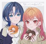  2girls black_nails blue_eyes blue_hair blush closed_mouth doughnut earrings food gradient_hair hair_ornament hairclip highres hiodoshi_ao holding holding_food hololive hololive_dev_is ichijou_ririka jacket jewelry looking_at_viewer medium_hair mole mole_under_mouth multicolored_hair multiple_girls necklace orange_hair pink_hair pink_nails red_eyes short_hair simple_background sleeves_past_wrists smile upper_body virtual_youtuber yuri_yutaka 