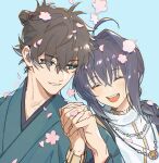  1boy 1other ahoge androgynous black_hair blue_background blue_eyes blue_kimono bracelet braid brown_hair cherry_blossoms choker closed_eyes falling_petals fate/samurai_remnant fate_(series) hair_intakes holding_hands japanese_clothes jewelry kimono loooooneutral miyamoto_iori_(fate) necklace open_mouth petals sidelocks simple_background single_braid smile topknot yamato_takeru_(fate) 