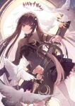  1girl alternate_costume arknights bird black_dress black_eyes black_hair bright_pupils commentary_request dress feet_out_of_frame halo highres holding holding_instrument instrument long_hair looking_at_viewer puyue smile solo standing very_long_hair virtuosa_(arknights) 