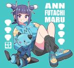  1girl ann_(pokemon) black_hair black_socks dewott hair_ornament highres long_sleeves looking_at_viewer pokemon pokemon_(anime) pokemon_(creature) pokemon_horizons purple_eyes shell shirt shoes shorts smile socks sutokame 