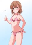  1girl asymmetrical_bangs bikini breasts brown_eyes brown_hair closed_mouth coin coin_flip collarbone commentary_request hair_behind_ear hair_ornament hairpin hand_on_own_hip highres konoyan misaka_mikoto navel pink_bikini short_hair side-tie_bikini_bottom simple_background small_breasts smile solo swimsuit toaru_kagaku_no_railgun toaru_majutsu_no_index 