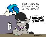 black_hair bobthedalek dialogue earth_pony english_text equid equine friendship_is_magic grey_body hair hasbro horn horse mammal my_little_pony mythological_creature mythological_equine mythology octavia_(mlp) paper pencil_(object) pony text unicorn vinyl_scratch_(mlp) white_body