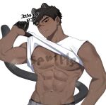 1boy abs animal_ears bara bare_pectorals black_eyes black_gloves black_hair dark-skinned_male dark_skin earrings fang gloves grey_pants jewelry light_blush male_focus muscular muscular_male nipples original pants parted_lips pectorals rio_mukiniki scar scar_on_face scar_on_nose shirt short_hair simple_background solo sweat tail thick_eyebrows white_background white_shirt 