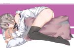  1girl absurdres ass black_legwear black_neckwear blush bottomless character_name coat dakimakura_(object) dress_shirt full_body girls_frontline grey_hair highres jack-o&#039;-lantern jewelry legs long_hair lying m200_(girls_frontline) on_pillow partially_undressed pillow purple_background purple_eyes ring shirt simple_background solo thighhighs thighs undone_necktie white_background white_shirt yakumo_ling 