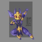 2024 2_horns absurd_res armor blueberrygrizzly breasts clothing female gold_(metal) gold_jewelry grey_background hair hi_res horn humanoid humanoid_pointy_ears imp ineffective_clothing jewelry mask nipples purple_body purple_hair purple_nipples simple_background small_breasts solo standing tome_imp vambrace wearing_mask