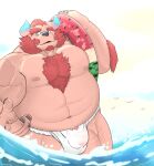  absurd_res anthro asian_clothing beach belly body_hair bulge chernobog_(tas) chest_hair clothing demon east_asian_clothing fundoshi hi_res horn japanese_clothing lifewonders male musclegut muscular navel nipples partially_submerged pecs peto3001 solo swim_ring swimming tokyo_afterschool_summoners underwear 
