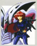  1980s_(style) 1girl bodysuit grin gundam haman_karn hands_on_own_hips highres key_visual looking_at_viewer machinery magazine_scan mecha mikimoto_haruhiko mobile_suit official_art promotional_art qubeley red_eyes red_hair retro_artstyle robot scan science_fiction smile traditional_media upper_body zeta_gundam 
