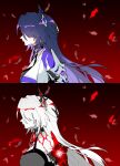  1girl acheron_(honkai:_star_rail) black_choker body_markings choker detached_sleeves flower gradient_background gumoxiansheng hair_over_one_eye highres honkai:_star_rail honkai_(series) long_hair official_alternate_color official_alternate_hair_color pale_skin profile purple_hair red_flower single_bare_shoulder white_hair 